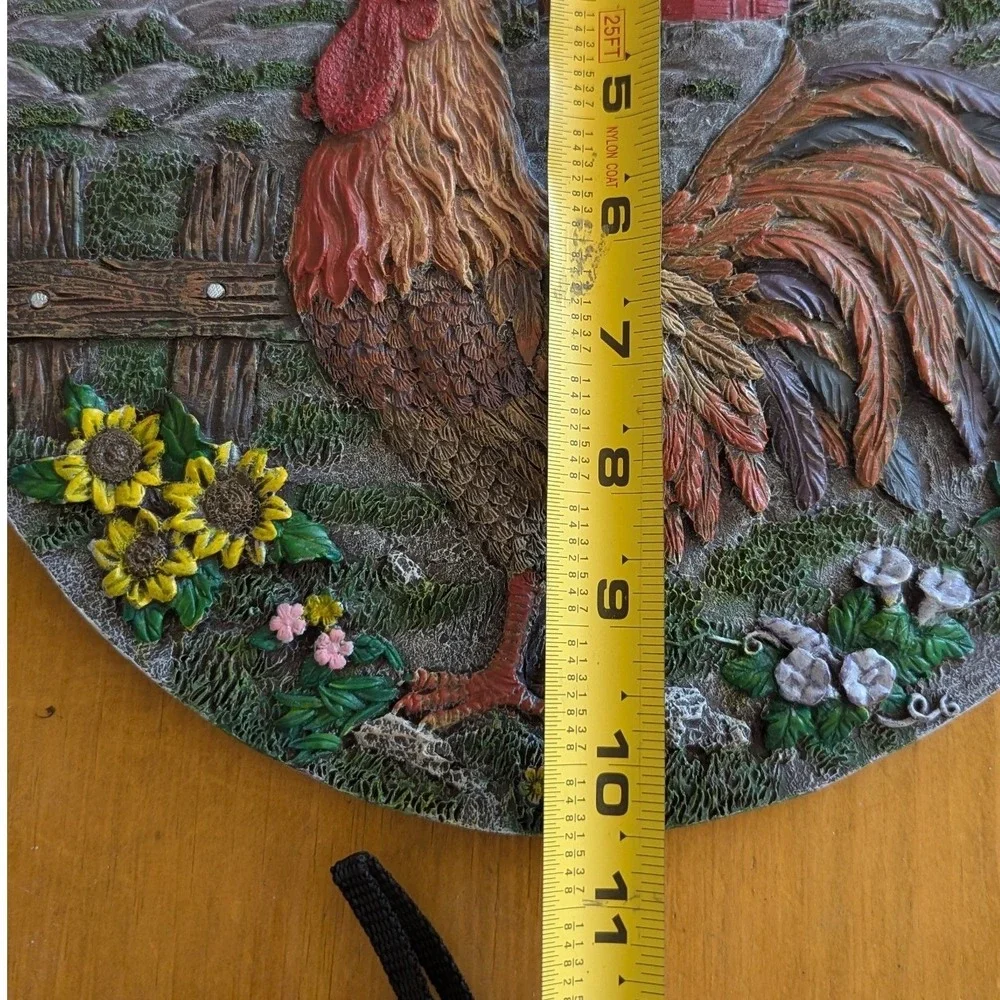 Rustic Farmhouse Rooster Welcome Wall Plaque Red Barn Sunflowers 11.5 Inch Round
